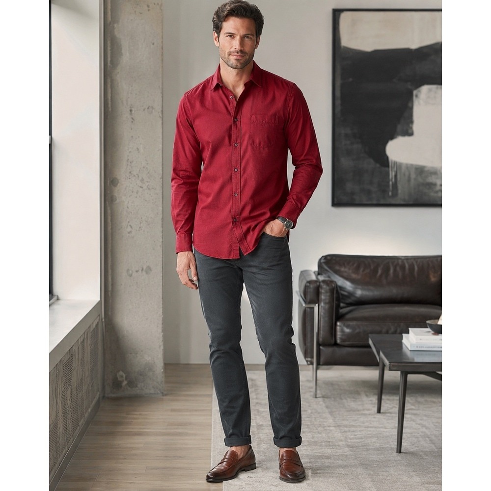 DKNY Men's Red Textured Button Front Shirt Size Large 32/33 Long Sleeve
